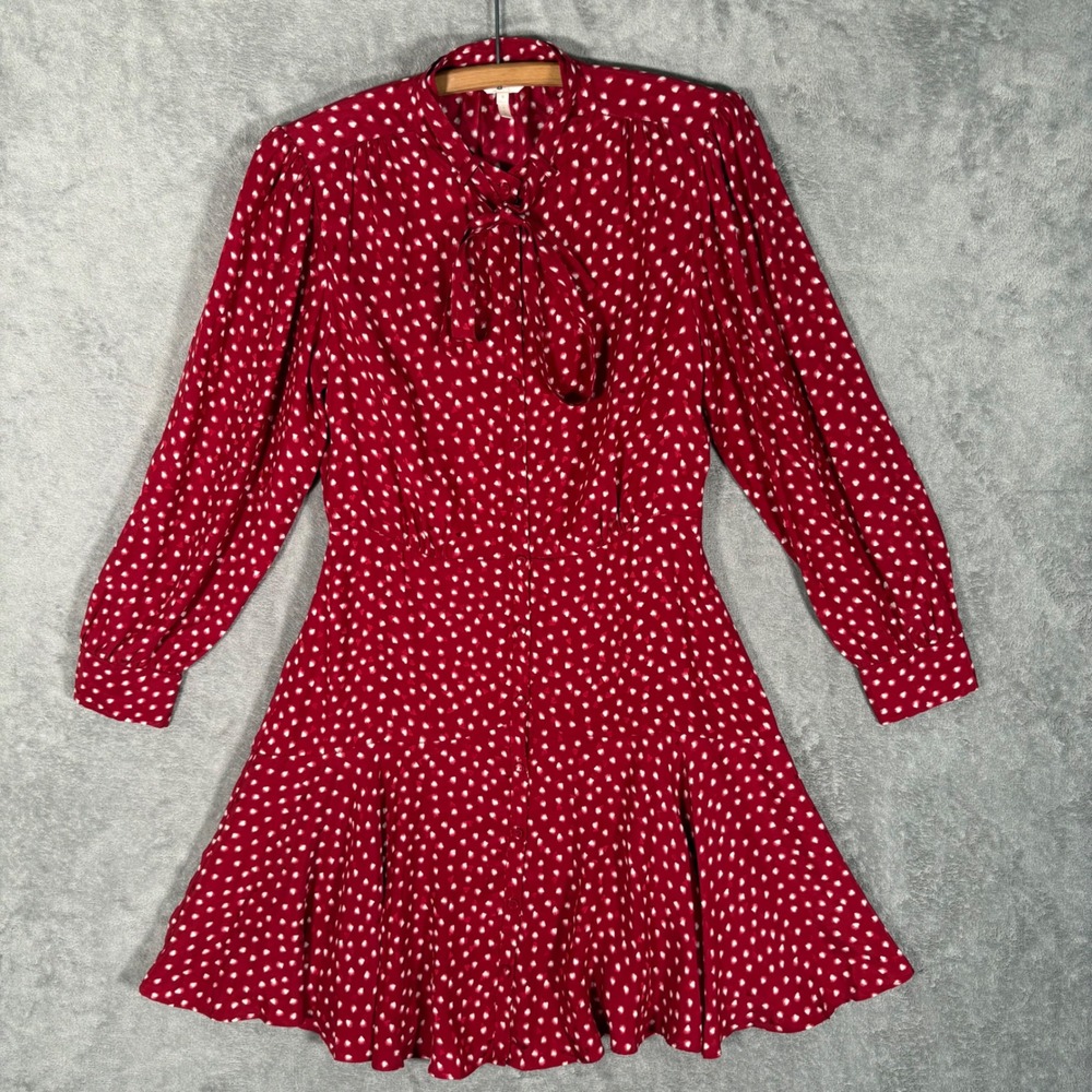 Rebecca Taylor Red 100% Silk Blurry Hearts Polka Dot Tie Neck Mini Dress Size 6